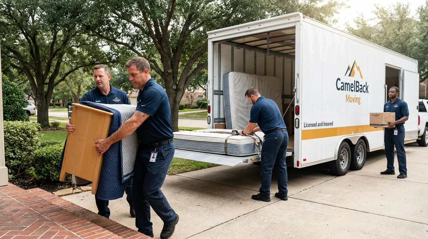 Crew loading residential truck for cross-state move from Nekoosa, WI