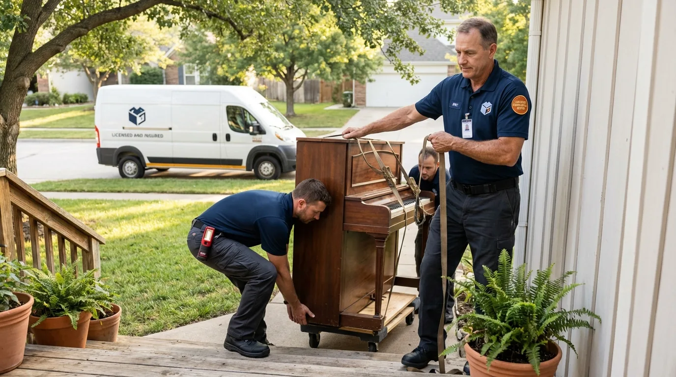 Licensed piano movers securing grand piano in Nekoosa, WI