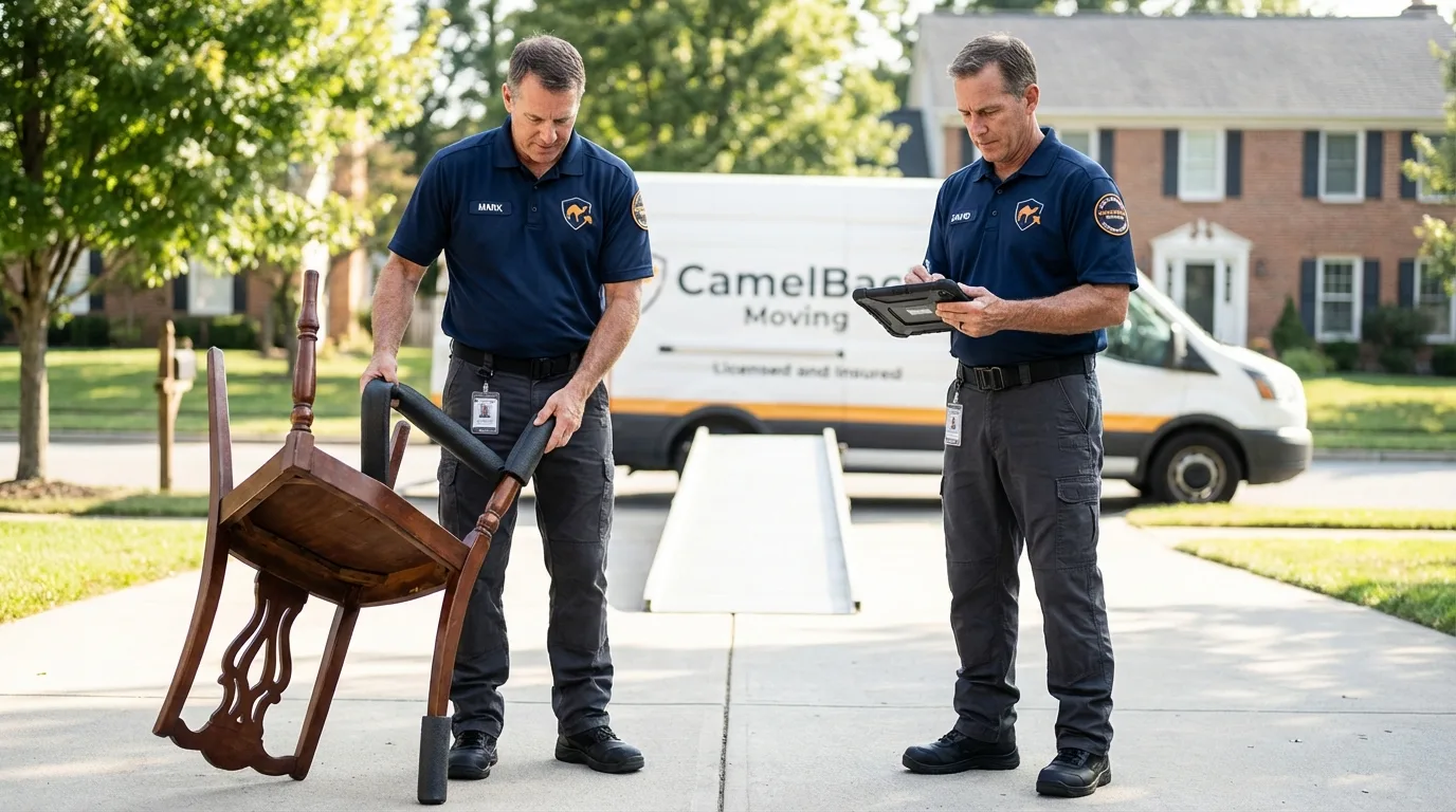 Movers inspecting furniture for damage prevention before loading in Nekoosa, WI