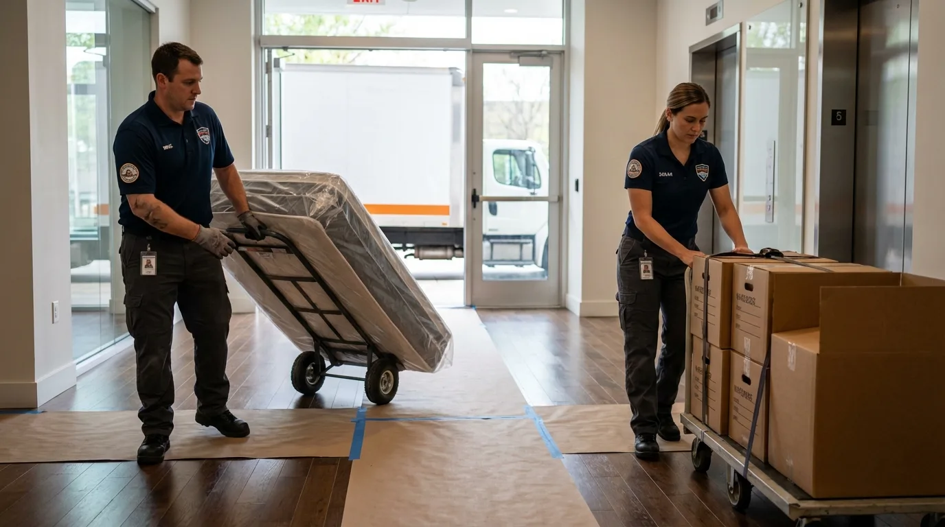Professional apartment movers loading elevator in Nekoosa, WI